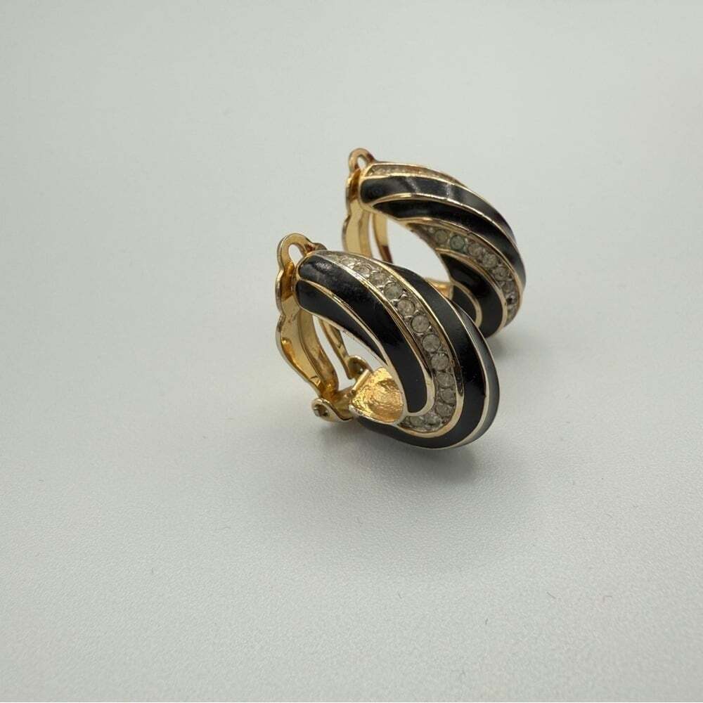 Nina Ricci Signed Elegant Black and Gold Rhinestone Encrusted Clip On Earrings